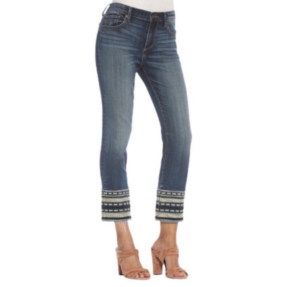 Anthropologie Driftwood Colette Embroidered Mid-Rise Slim Straight Jeans sz 30